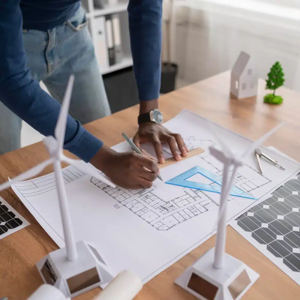 Developer marking up community site plans and floor plans at a desk with a scale model home