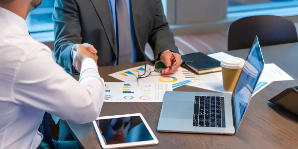 buffer between the Board and association members when dealing with vendors Two people shaking hands across a conference table with printed reports, a laptop, and a tablet